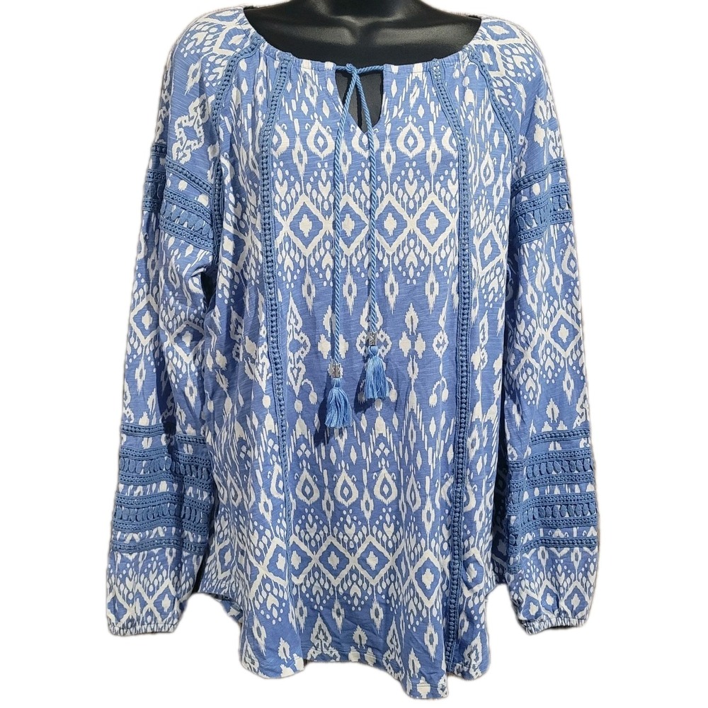 Coolibar Sarti Shirt XXL Blue/White UPF 50+ Long Slv Crochet Tasseled Bohemian